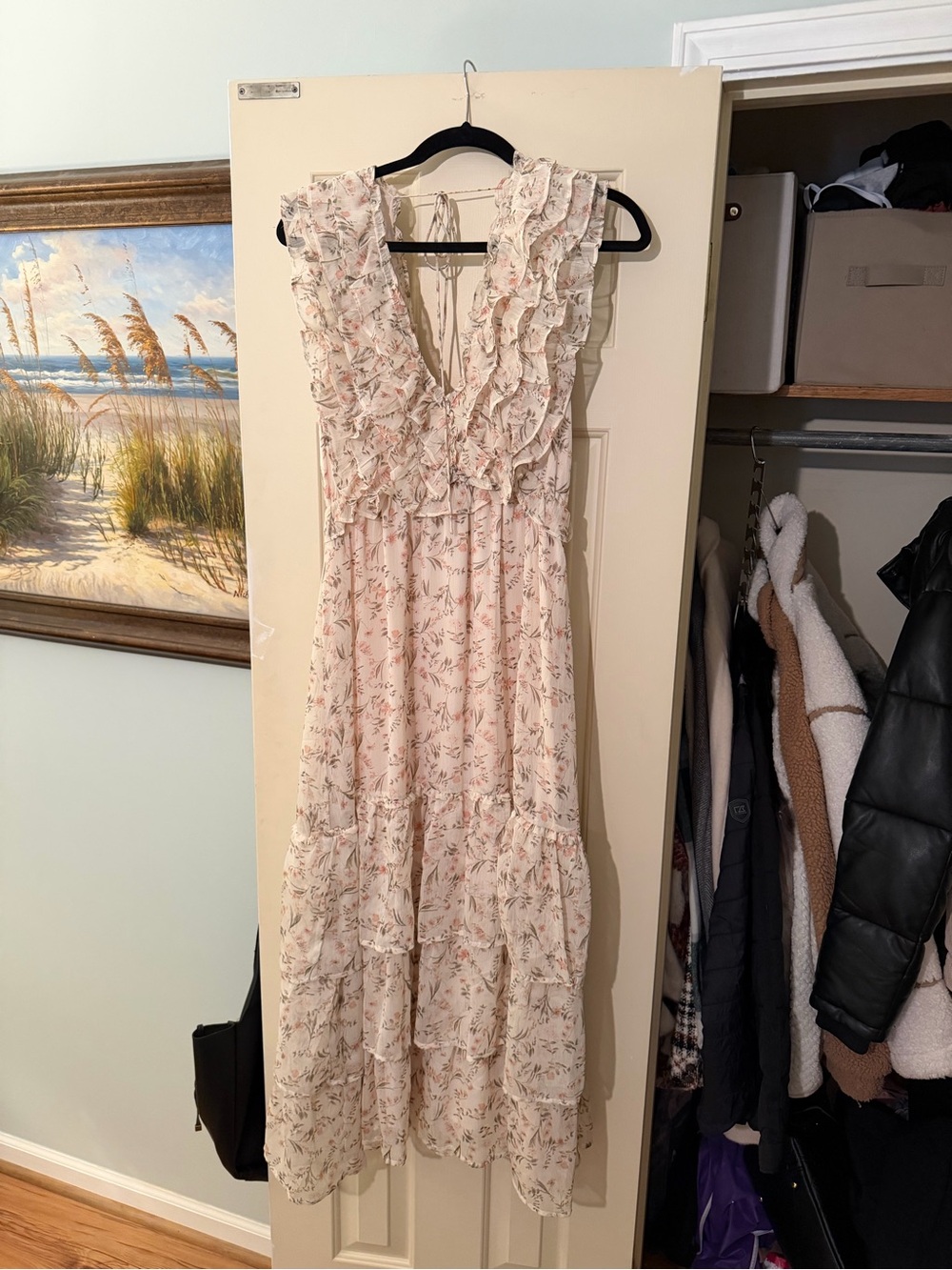 Storia Blush Floral Ruffle Maxi Dress